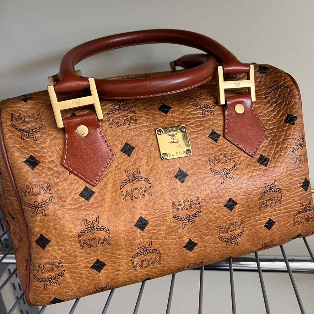 MCM Brown Leather Travel Bag with Gold Details